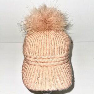 Beige Ribbed Knit Pom Pom Baseball Beanie Cap Hat